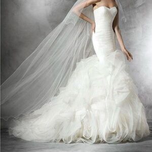 Pronovias White Strapless Ruffled Mermaid Wedding Gown